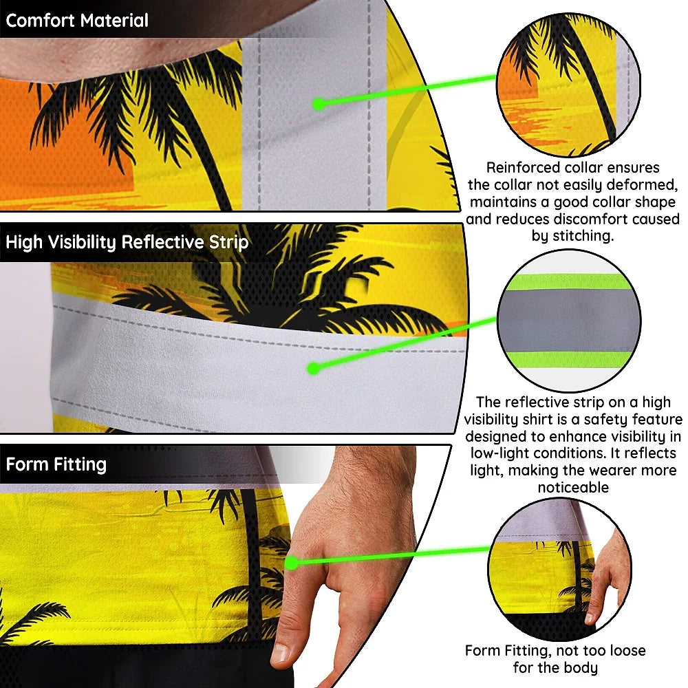 Hi Vis T Shirt Reflective Tapes Yellow Neon Flowers Custom Name Safety Workwear For Workers, Truckers, Operators
