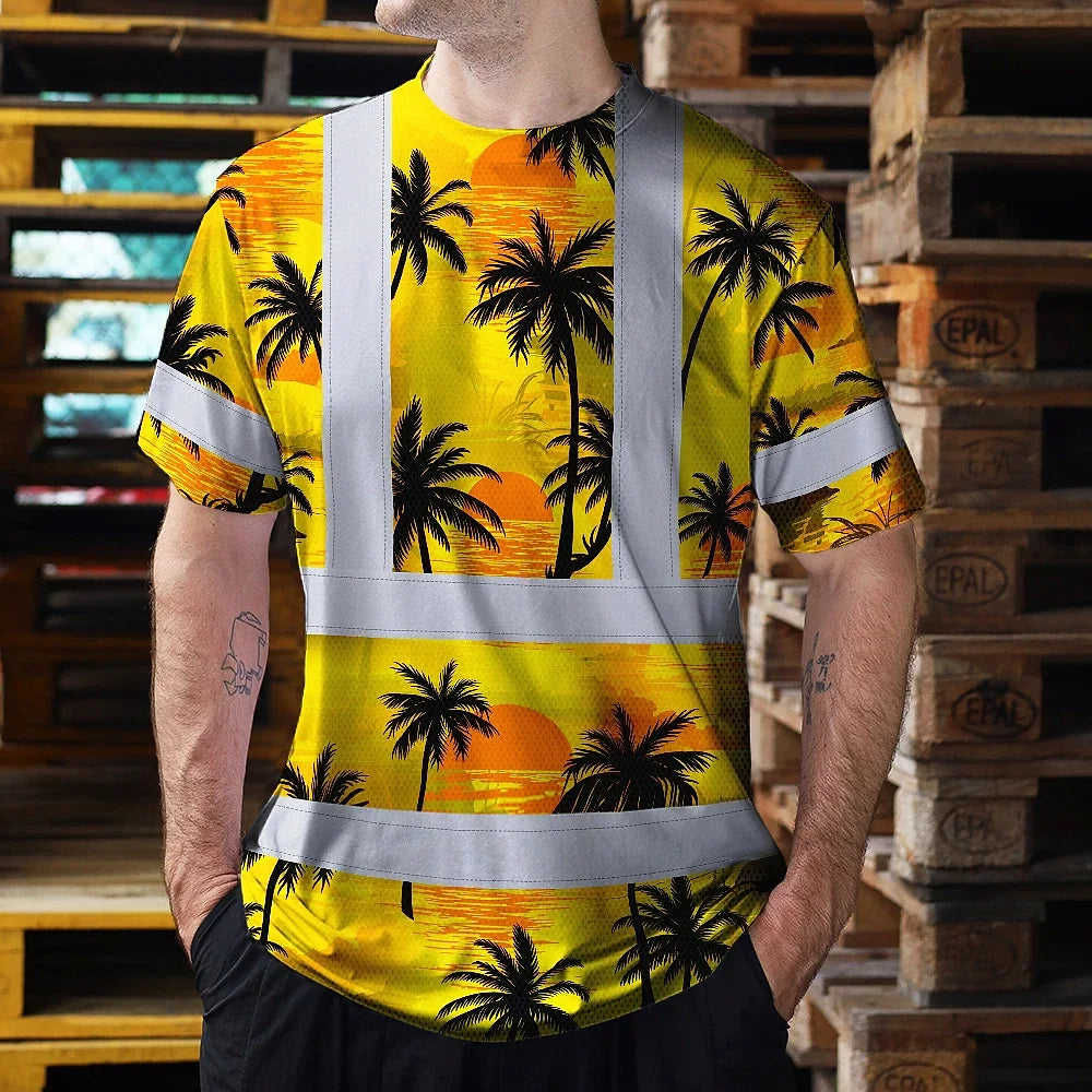 Hi Vis T Shirt Reflective Tapes Yellow Neon Flowers Custom Name Safety Workwear Workers, Truckers, Operators