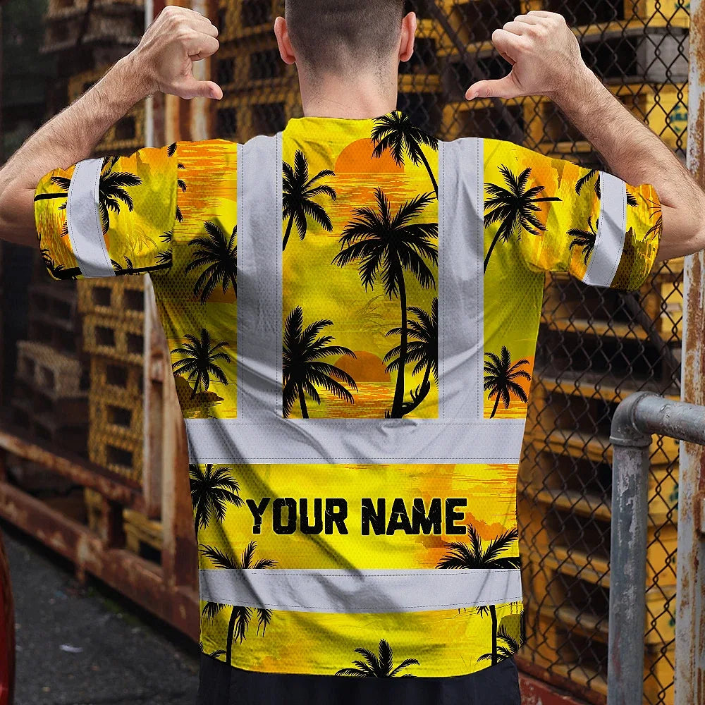 Hi Vis T Shirt Reflective Tapes Yellow Neon Flowers Custom Name Safety Workwear For Workers, Truckers, Operators