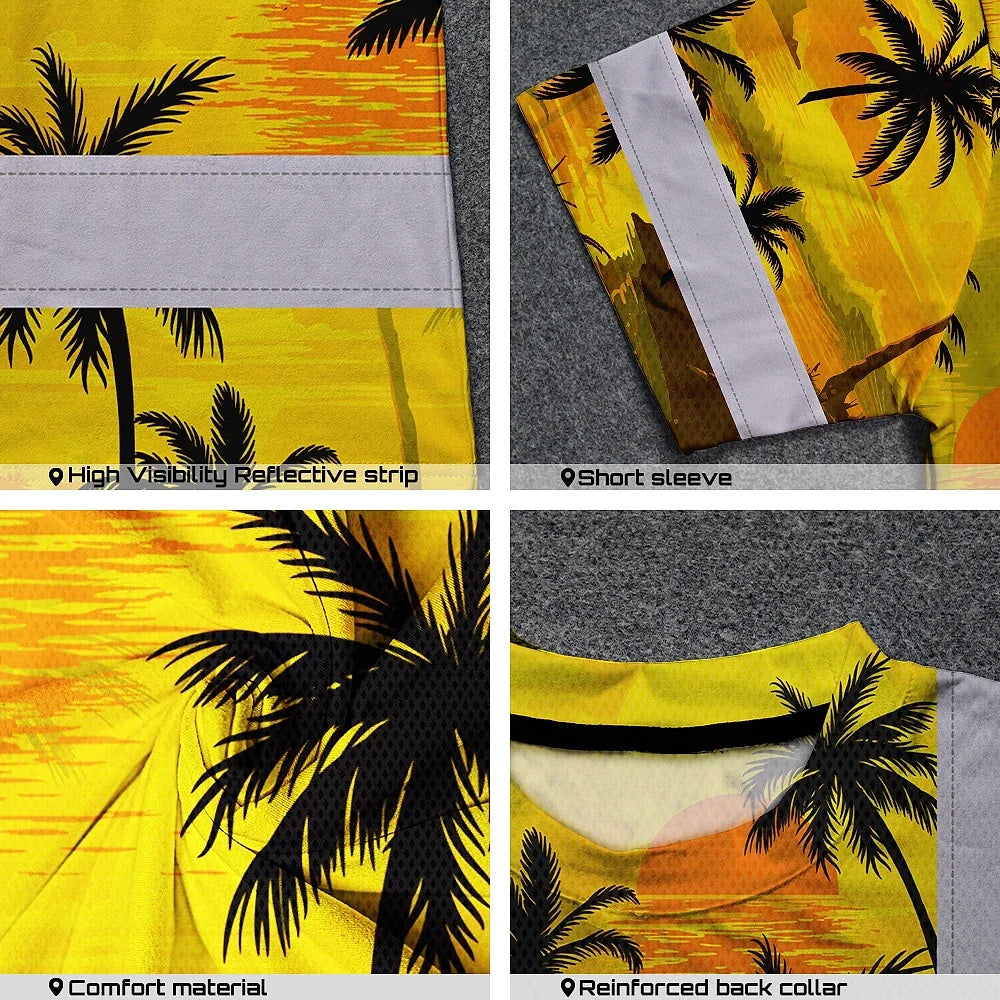 Hi Vis T Shirt Reflective Tapes Yellow Neon Flowers Custom Name Safety Workwear For Workers, Truckers, Operators