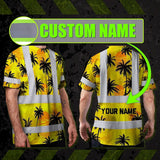 Hi Vis T Shirt Reflective Tapes Yellow Neon Flowers Custom Name Safety Workwear For Workers, Truckers, Operators