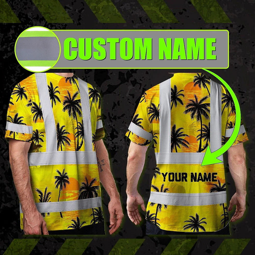Hi Vis T Shirt Reflective Tapes Yellow Neon Flowers Custom Name Safety Workwear For Workers, Truckers, Operators