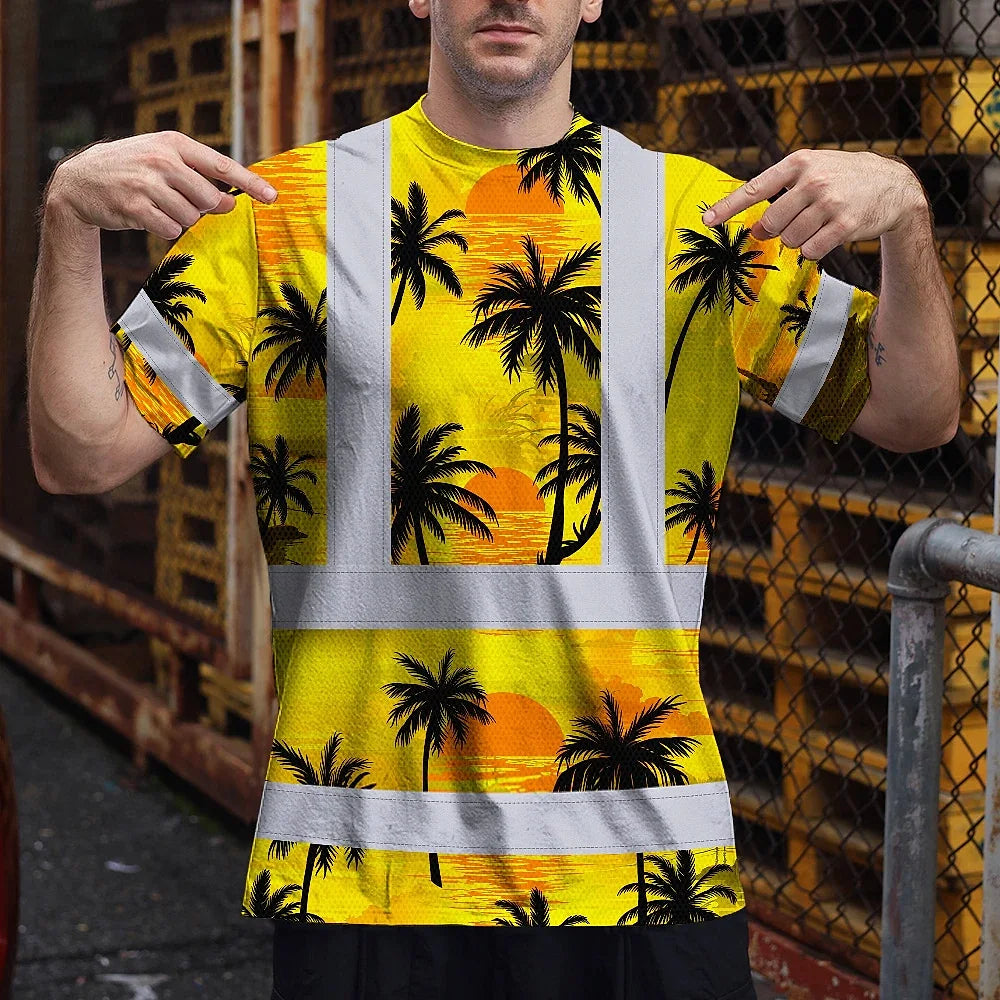 Hi Vis T Shirt Reflective Tapes Yellow Neon Flowers Custom Name Safety Workwear Workers, Truckers, Operators