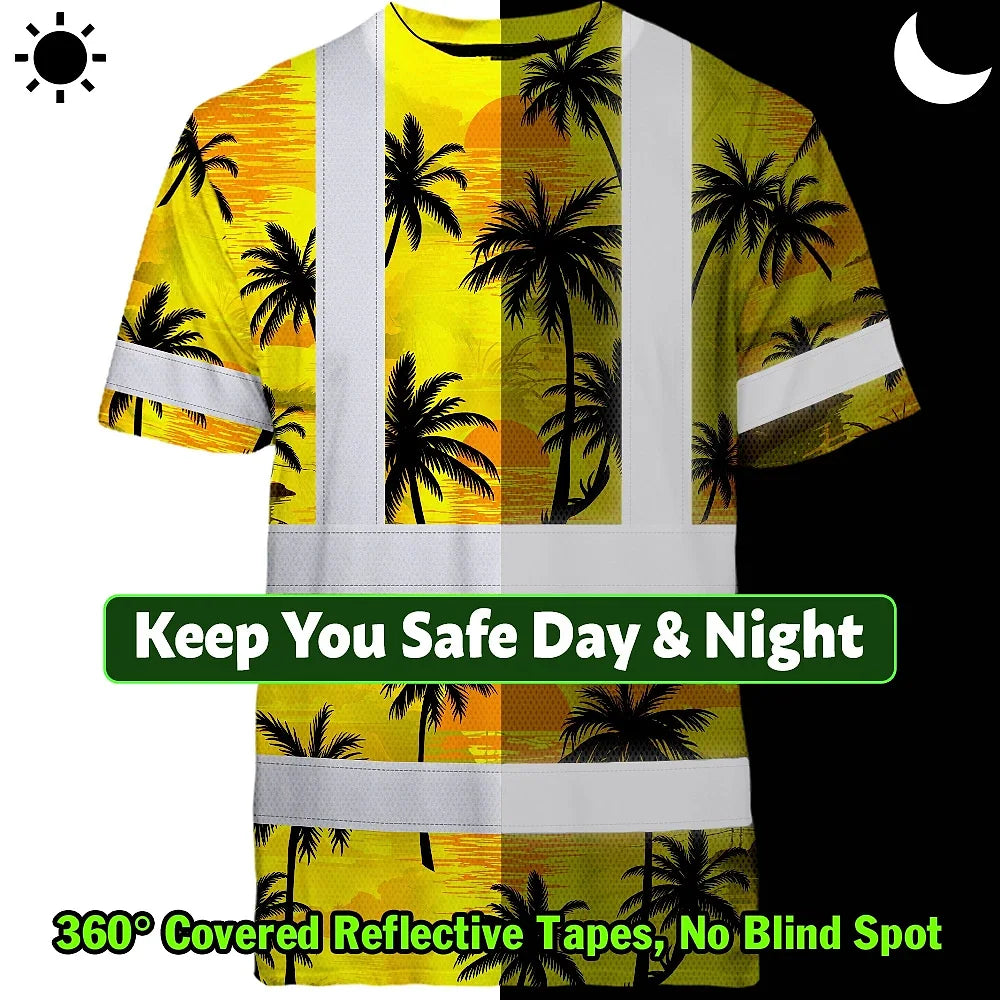 Hi Vis T Shirt Reflective Tapes Yellow Neon Flowers Custom Name Safety Workwear For Workers, Truckers, Operators