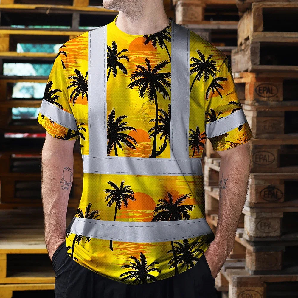 Hi Vis T Shirt Reflective Tapes Yellow Neon Flowers Custom Name Safety Workwear For Workers, Truckers, Operators