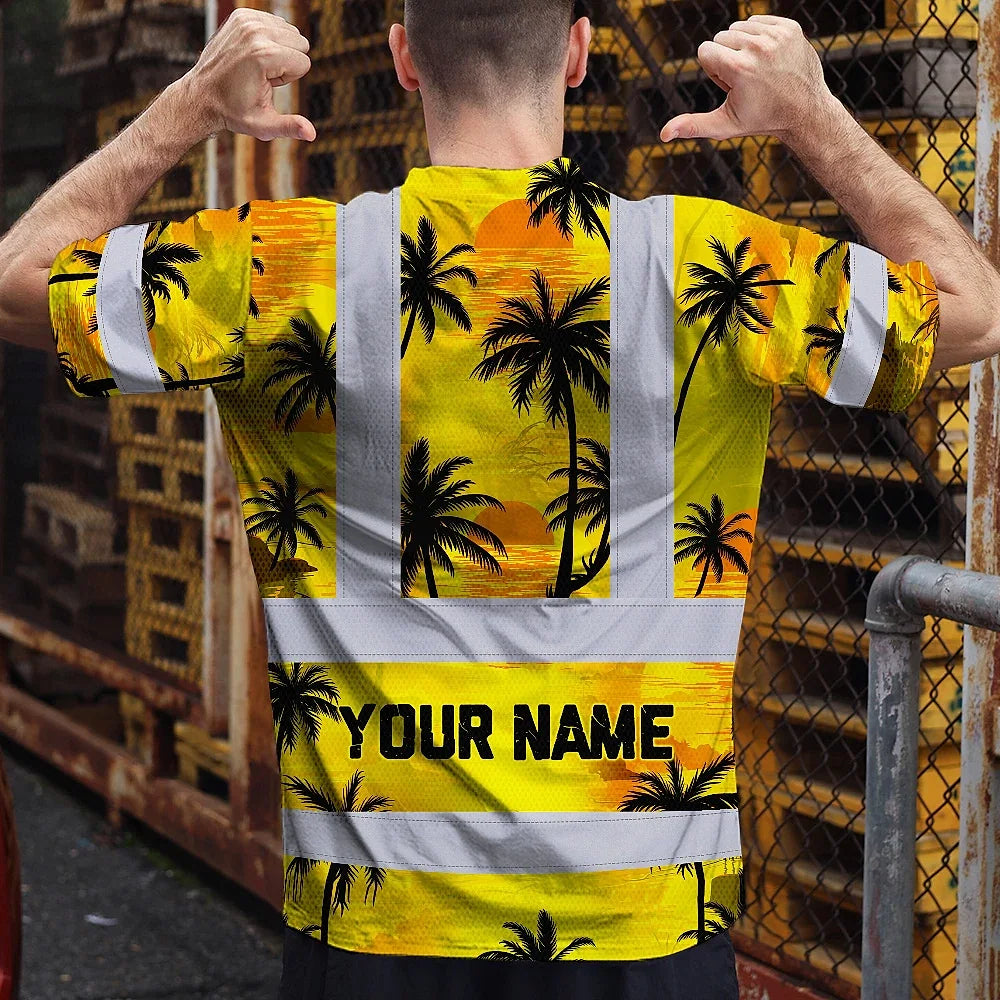 Hi Vis T Shirt Reflective Tapes Yellow Neon Flowers Custom Name Safety Workwear Workers, Truckers, Operators
