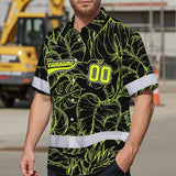 Hi Vis Team Hawaiian Shirt Reflective Tapes Black Green Leaf Custom Name And Number Safety Workwear For Baseball Team Workers, Truckers, Operators
