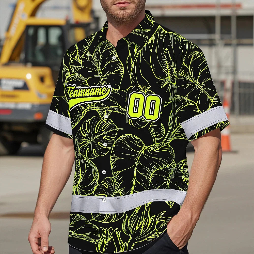 Hi Vis Team Hawaiian Shirt Reflective Tapes Black Green Leaf Custom Name And Number Safety Workwear For Baseball Team Workers, Truckers, Operators
