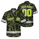 Hi Vis Team Hawaiian Shirt Reflective Tapes Black Green Leaf Custom Name And Number Safety Workwear For Baseball Team Workers, Truckers, Operators