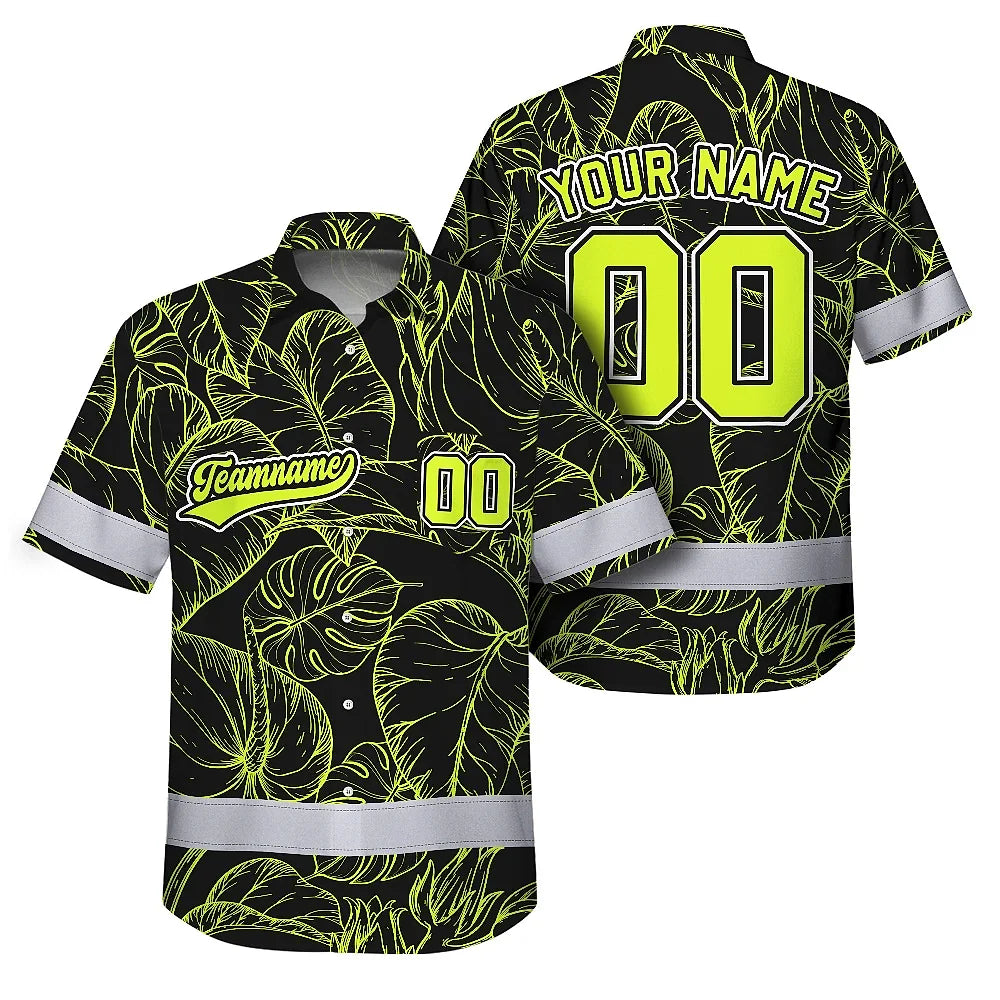 Hi Vis Team Hawaiian Shirt Reflective Tapes Black Green Leaf Custom Name And Number Safety Workwear For Baseball Team Workers, Truckers, Operators