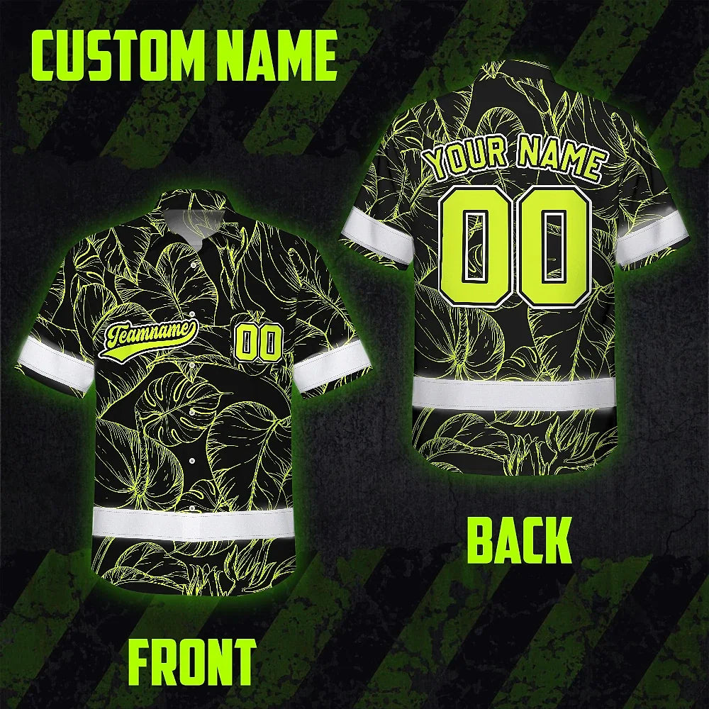 Hi Vis Team Hawaiian Shirt Reflective Tapes Black Green Leaf Custom Name And Number Safety Workwear For Baseball Team Workers, Truckers, Operators