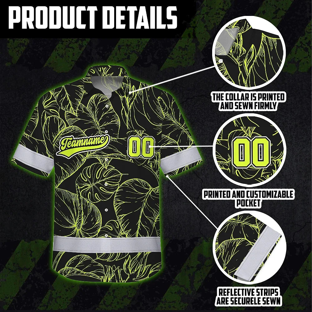 Hi Vis Team Hawaiian Shirt Reflective Tapes Black Green Leaf Custom Name And Number Safety Workwear For Baseball Team Workers, Truckers, Operators