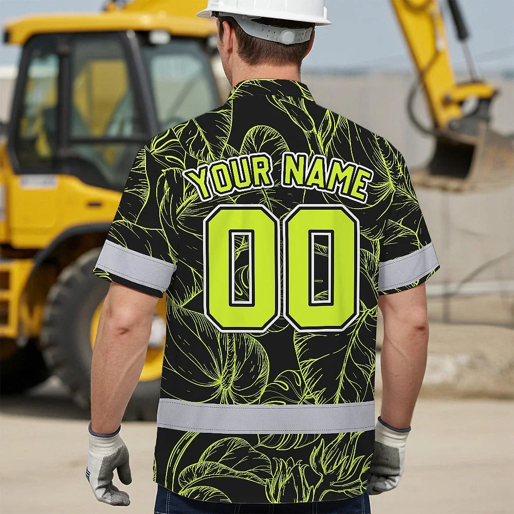 Hi Vis Team Hawaiian Shirt Reflective Tapes Black Green Leaf Custom Name And Number Safety Workwear For Baseball Team Workers, Truckers, Operators