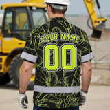 Hi Vis Team Hawaiian Shirt Reflective Tapes Black Green Leaf Custom Name And Number Safety Workwear For Baseball Team Workers, Truckers, Operators