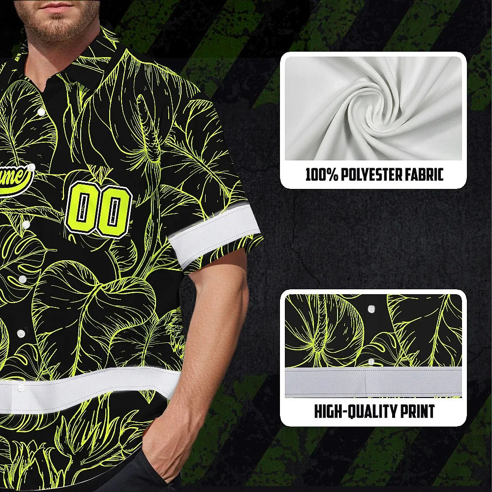 Hi Vis Team Hawaiian Shirt Reflective Tapes Black Green Leaf Custom Name And Number Safety Workwear For Baseball Team Workers, Truckers, Operators
