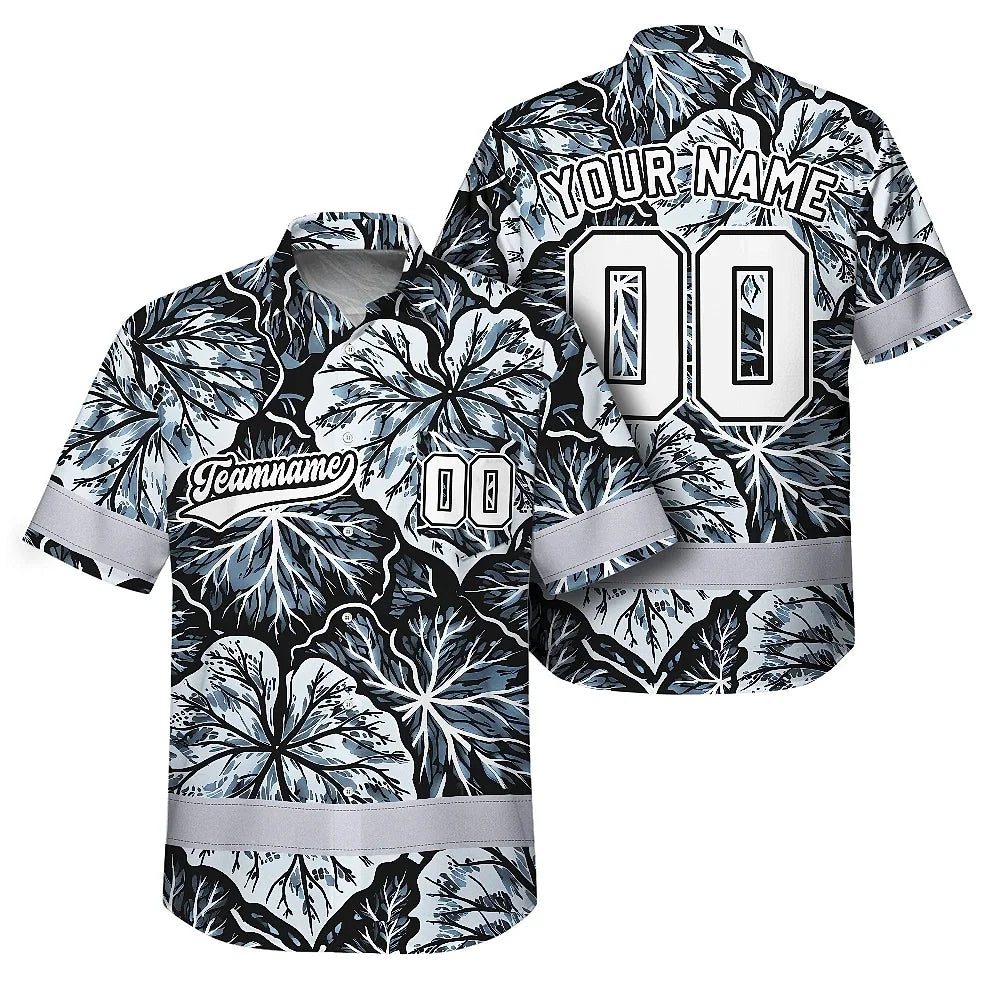 Hi Vis Team Hawaiian Shirt Reflective Tapes Black White Leaf Custom Name And Number Safety Workwear For Baseball Team Workers, Truckers, Operators