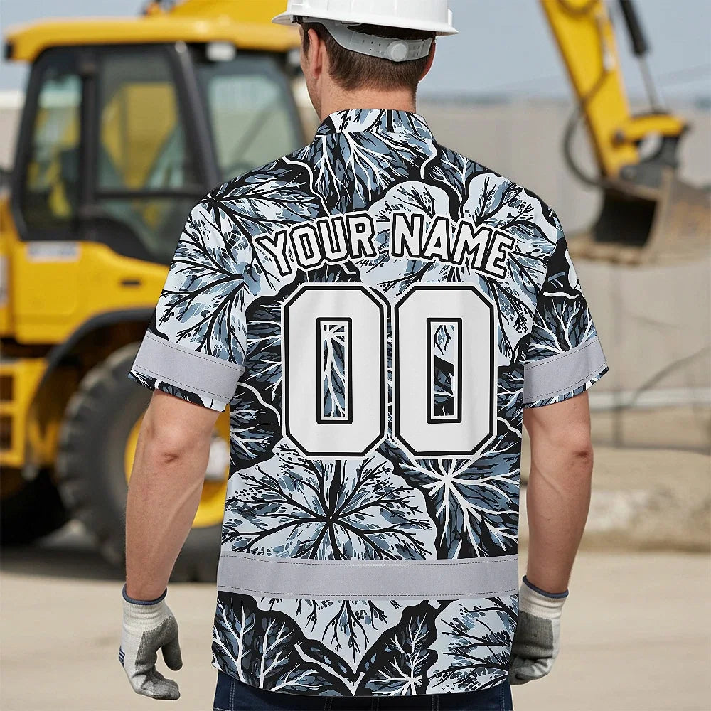 Hi Vis Team Hawaiian Shirt Reflective Tapes Black White Leaf Custom Name And Number Safety Workwear For Baseball Team Workers, Truckers, Operators
