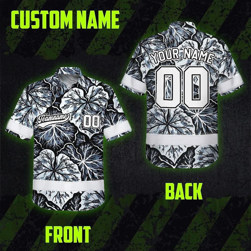 Hi Vis Team Hawaiian Shirt Reflective Tapes Black White Leaf Custom Name And Number Safety Workwear For Baseball Team Workers, Truckers, Operators