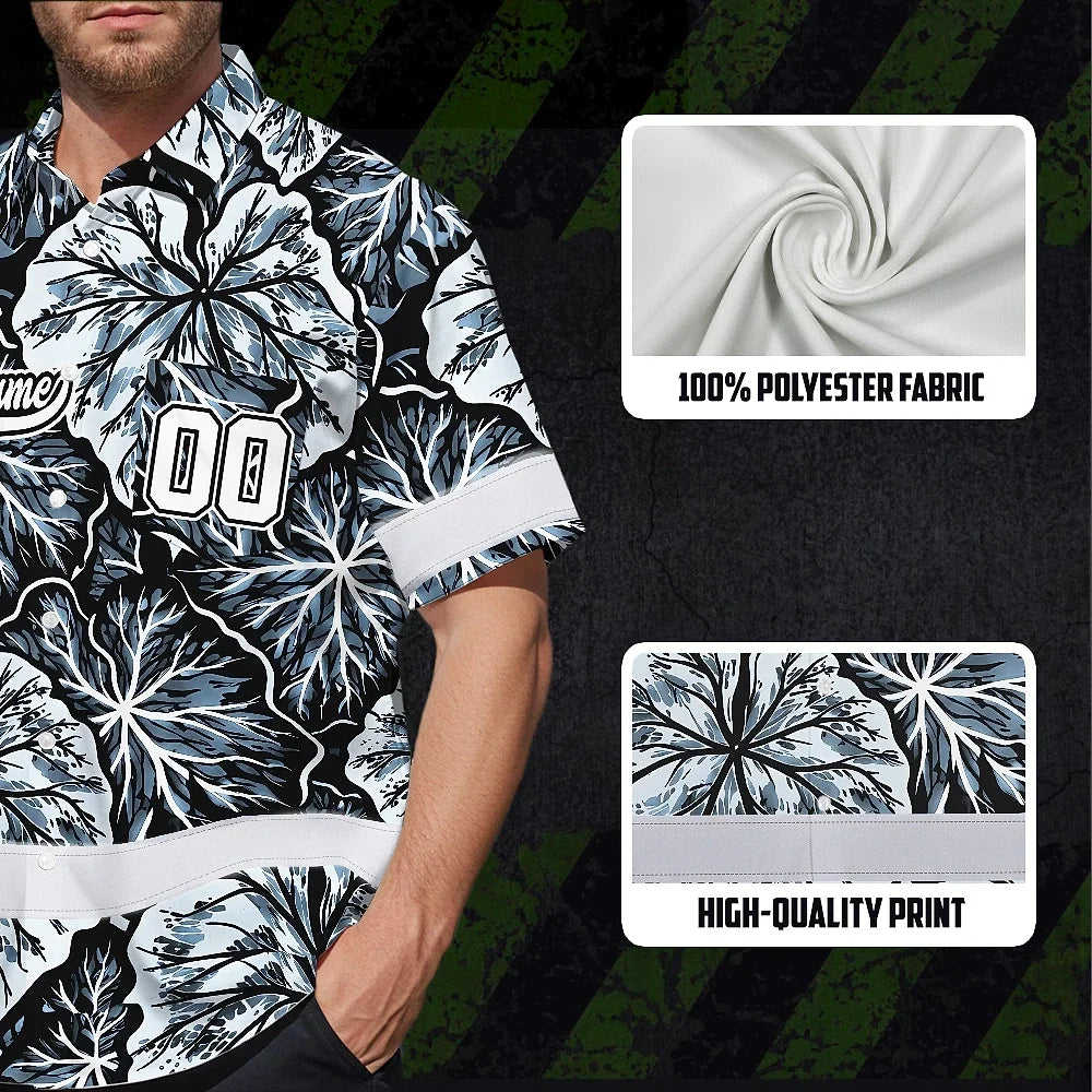 Hi Vis Team Hawaiian Shirt Reflective Tapes Black White Leaf Custom Name And Number Safety Workwear For Baseball Team Workers, Truckers, Operators