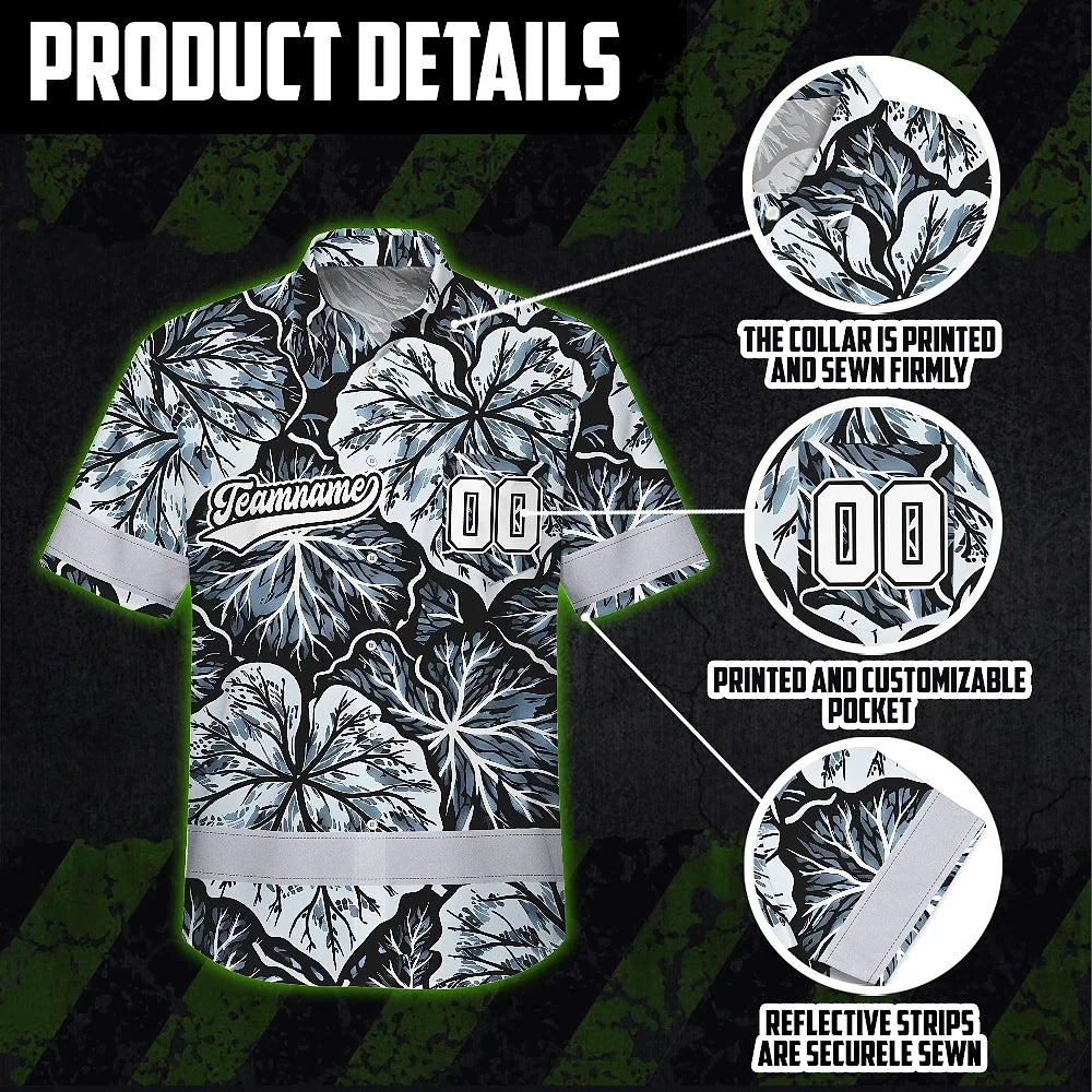 Hi Vis Team Hawaiian Shirt Reflective Tapes Black White Leaf Custom Name And Number Safety Workwear For Baseball Team Workers, Truckers, Operators