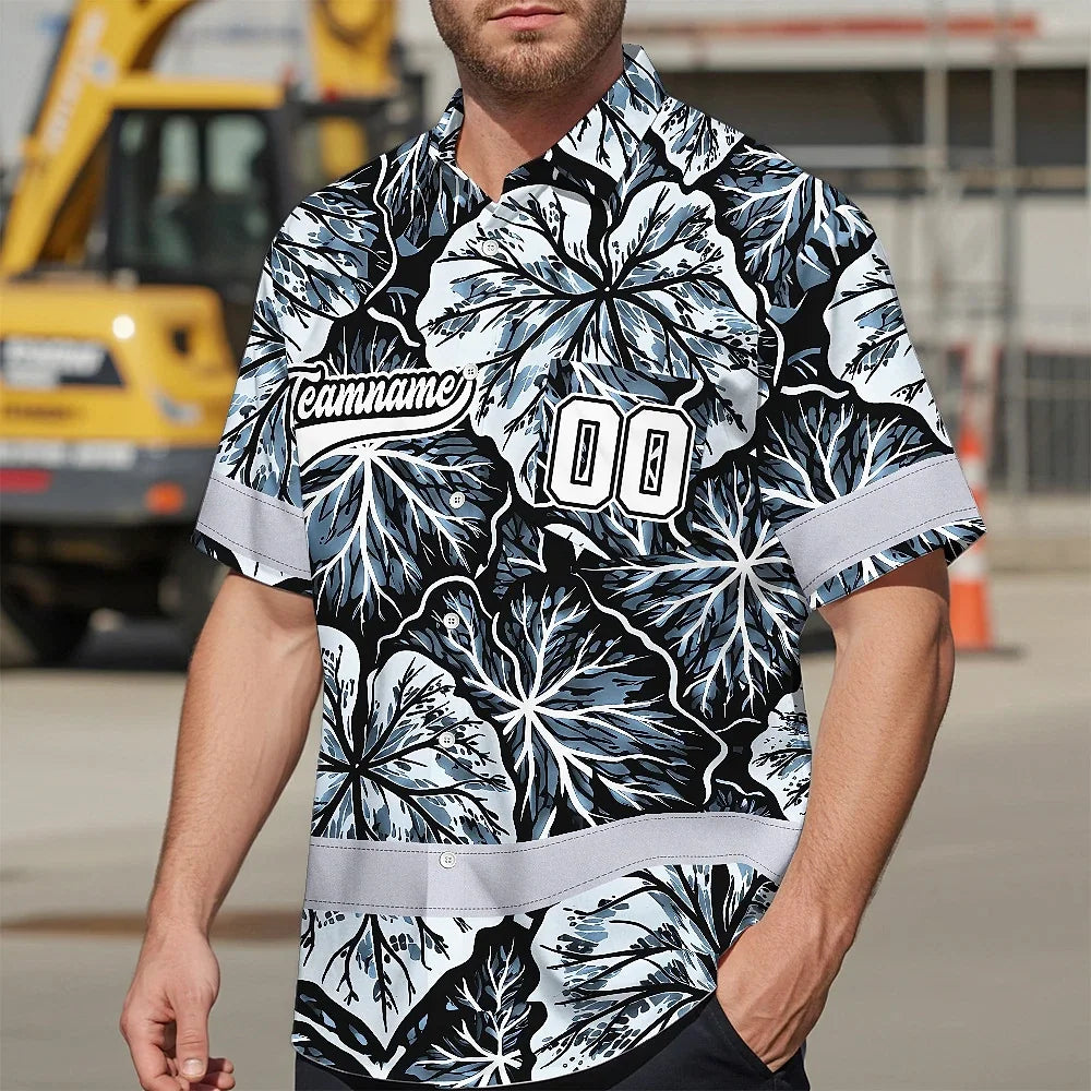 Hi Vis Team Hawaiian Shirt Reflective Tapes Black White Leaf Custom Name And Number Safety Workwear For Baseball Team Workers, Truckers, Operators
