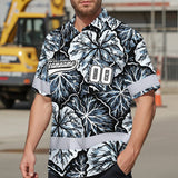Hi Vis Team Hawaiian Shirt Reflective Tapes Black White Leaf Custom Name And Number Safety Workwear For Baseball Team Workers, Truckers, Operators