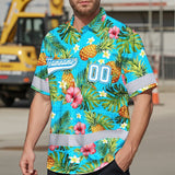 Hi Vis Team Hawaiian Shirt Reflective Tapes Blue 2 Custom Name And Number Safety Workwear For Baseball Team, Workers, Truckers, Operators