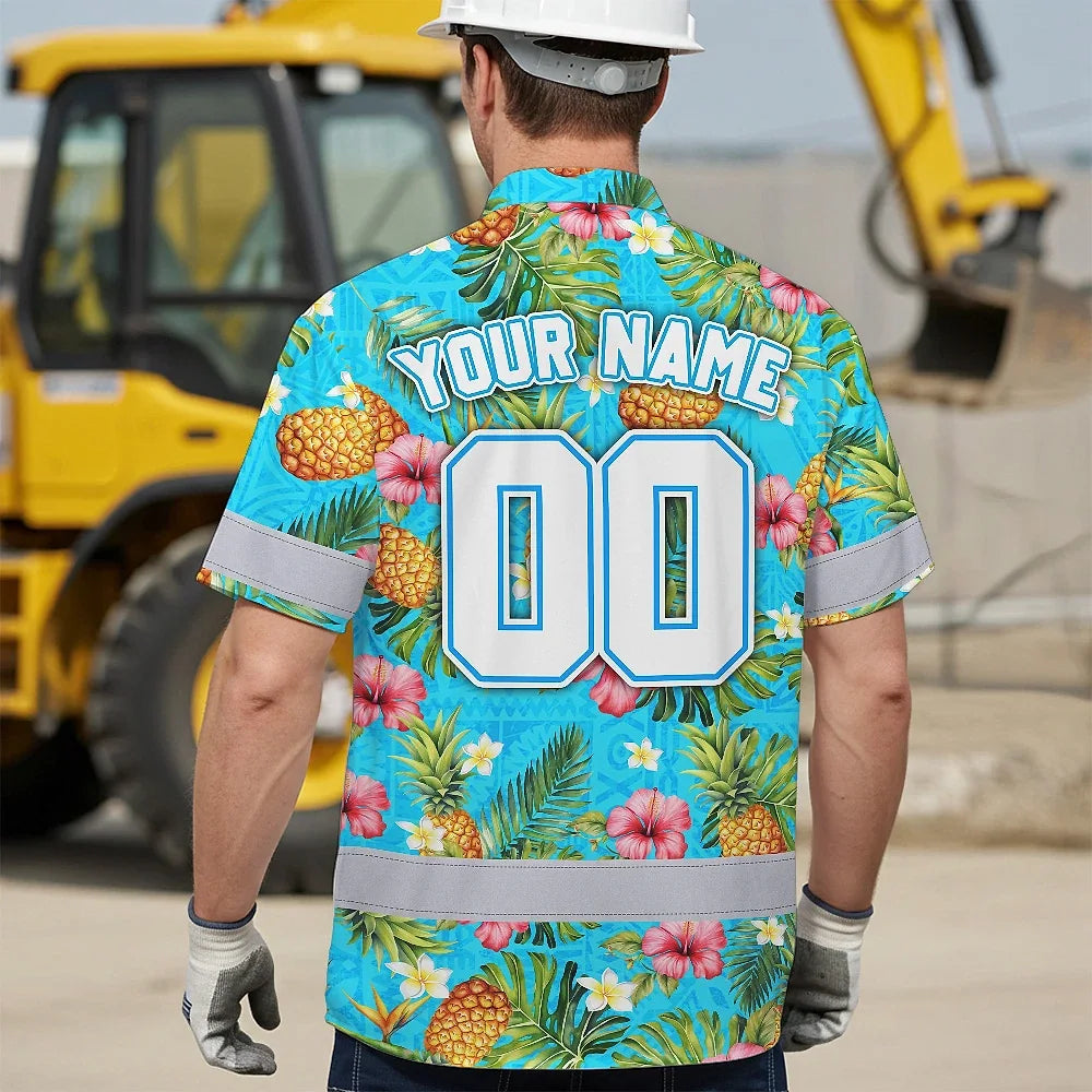Hi Vis Team Hawaiian Shirt Reflective Tapes Blue 2 Custom Name And Number Safety Workwear For Baseball Team, Workers, Truckers, Operators