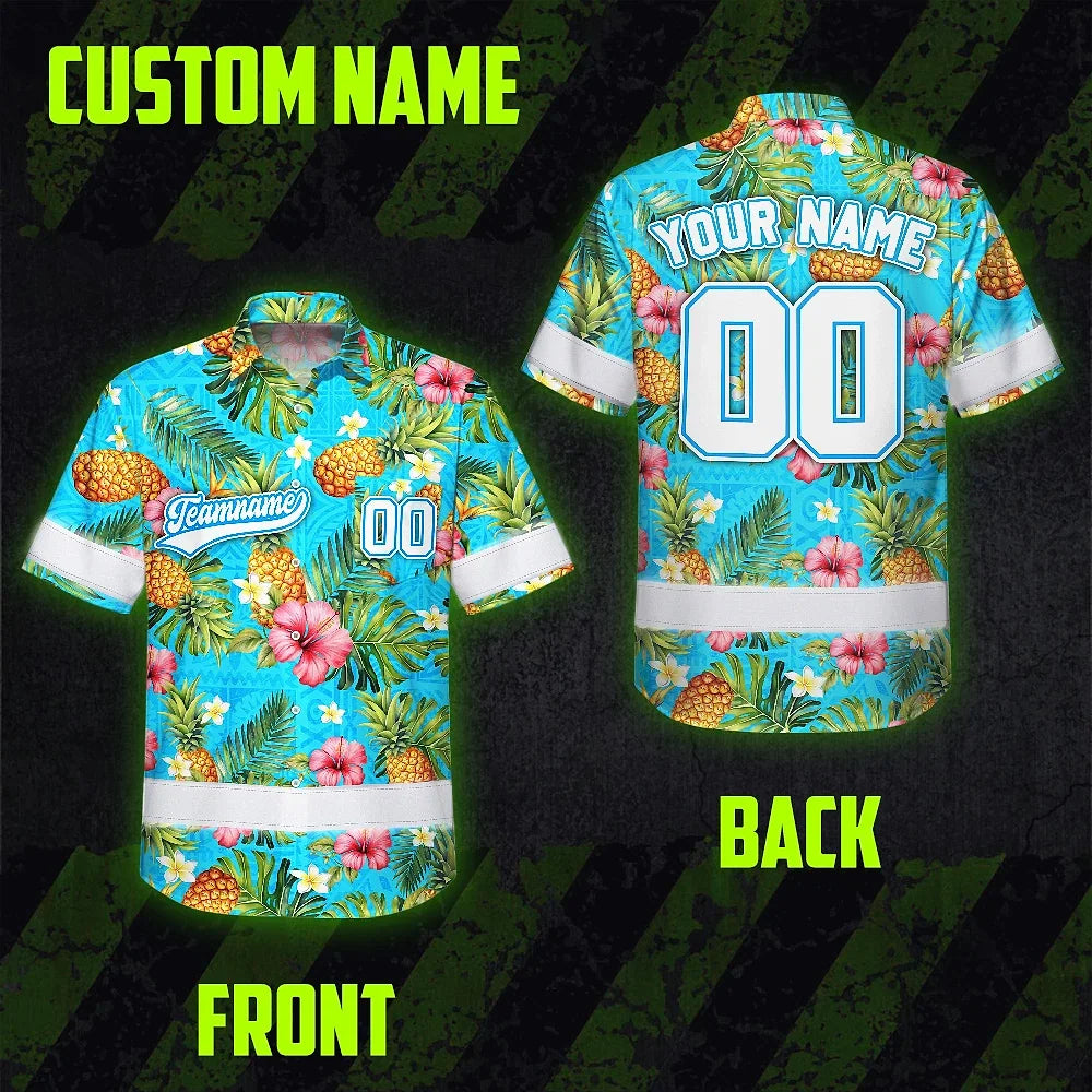Hi Vis Team Hawaiian Shirt Reflective Tapes Blue 2 Custom Name And Number Safety Workwear For Baseball Team, Workers, Truckers, Operators
