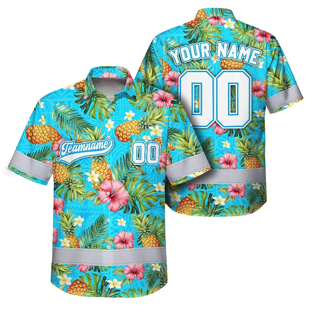 Hi Vis Team Hawaiian Shirt Reflective Tapes Blue 2 Custom Name And Number Safety Workwear For Baseball Team, Workers, Truckers, Operators