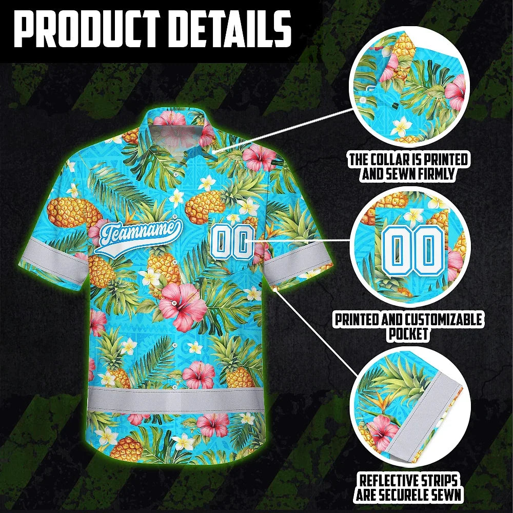 Hi Vis Team Hawaiian Shirt Reflective Tapes Blue 2 Custom Name And Number Safety Workwear For Baseball Team, Workers, Truckers, Operators