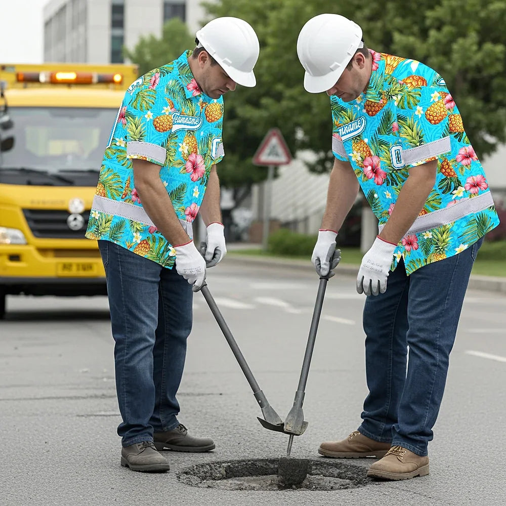 Hi Vis Team Hawaiian Shirt Reflective Tapes Blue 2 Custom Name And Number Safety Workwear For Baseball Team, Workers, Truckers, Operators