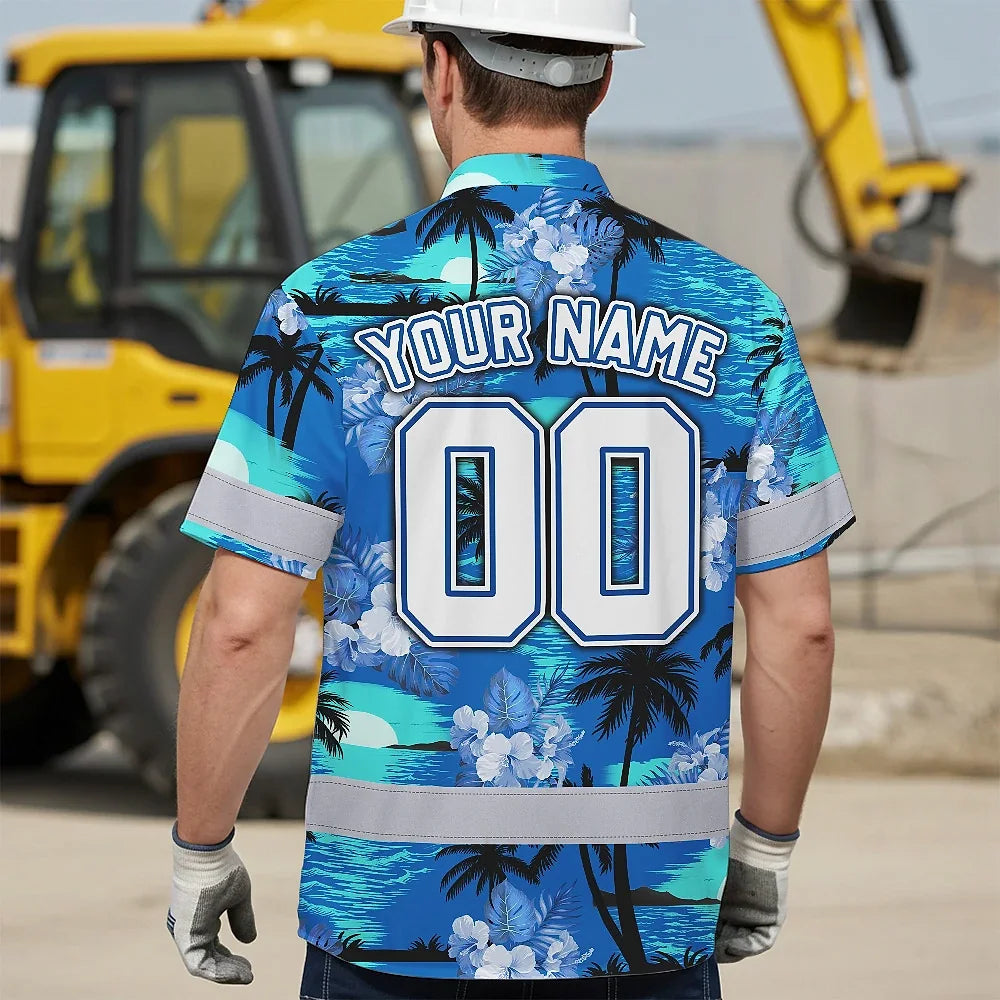 Hi Vis Team Hawaiian Shirt Reflective Tapes Blue Black Tree Custom Name And Number Safety Workwear For Baseball Team Workers, Truckers, Operators