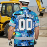 Hi Vis Team Hawaiian Shirt Reflective Tapes Blue Black Tree Custom Name And Number Safety Workwear For Baseball Team Workers, Truckers, Operators