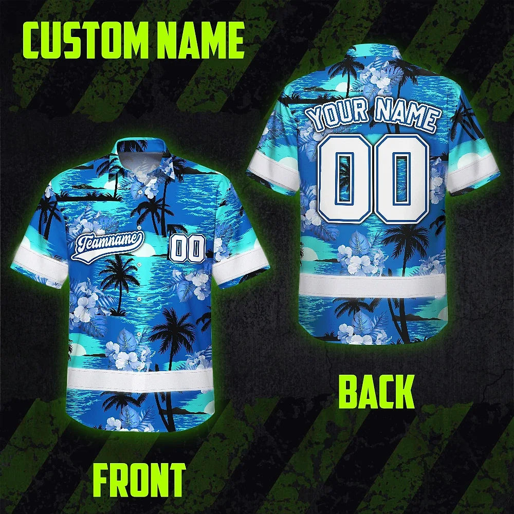 Hi Vis Team Hawaiian Shirt Reflective Tapes Blue Black Tree Custom Name And Number Safety Workwear For Baseball Team Workers, Truckers, Operators