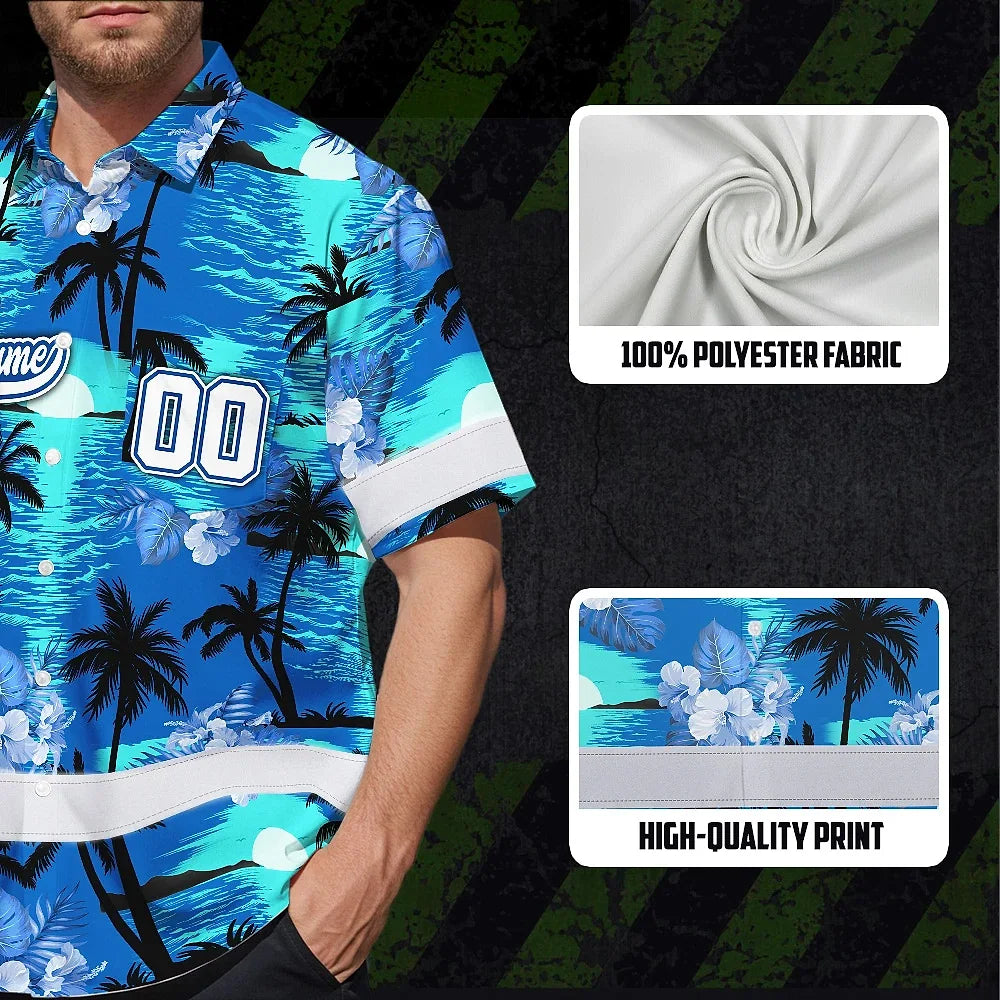 Hi Vis Team Hawaiian Shirt Reflective Tapes Blue Black Tree Custom Name And Number Safety Workwear For Baseball Team Workers, Truckers, Operators