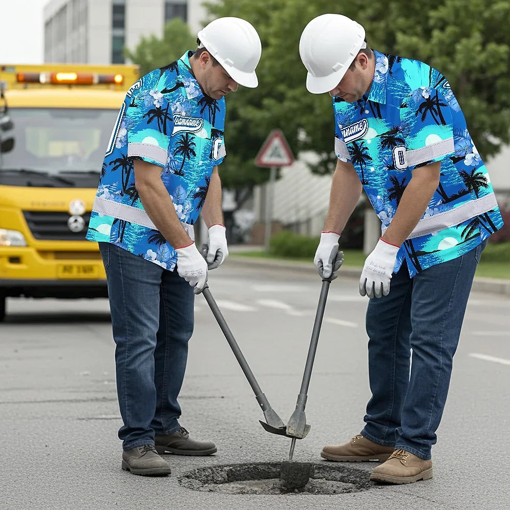 Hi Vis Team Hawaiian Shirt Reflective Tapes Blue Black Tree Custom Name And Number Safety Workwear For Baseball Team Workers, Truckers, Operators