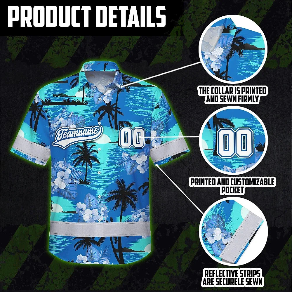 Hi Vis Team Hawaiian Shirt Reflective Tapes Blue Black Tree Custom Name And Number Safety Workwear For Baseball Team Workers, Truckers, Operators