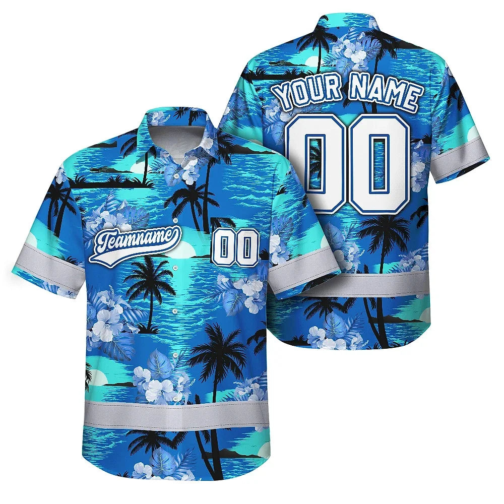 Hi Vis Team Hawaiian Shirt Reflective Tapes Blue Black Tree Custom Name And Number Safety Workwear For Baseball Team Workers, Truckers, Operators