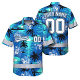 Hi Vis Team Hawaiian Shirt Reflective Tapes Blue Black Tree Custom Name And Number Safety Workwear For Baseball Team Workers, Truckers, Operators