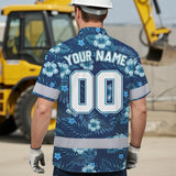 Hi Vis Team Hawaiian Shirt Reflective Tapes Blue Flower Custom Name And Number Safety Workwear For Baseball Team, Workers, Truckers, Operators