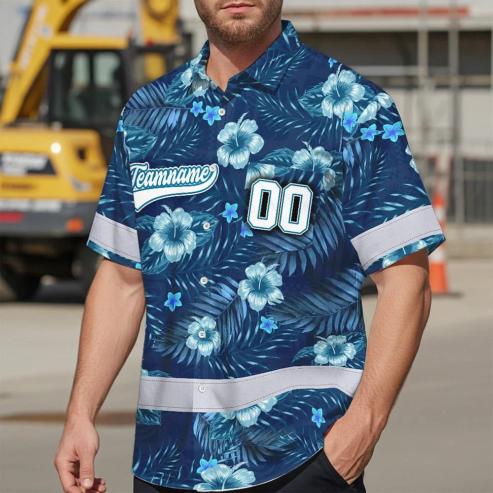 Hi Vis Team Hawaiian Shirt Reflective Tapes Blue Flower Custom Name And Number Safety Workwear For Baseball Team, Workers, Truckers, Operators