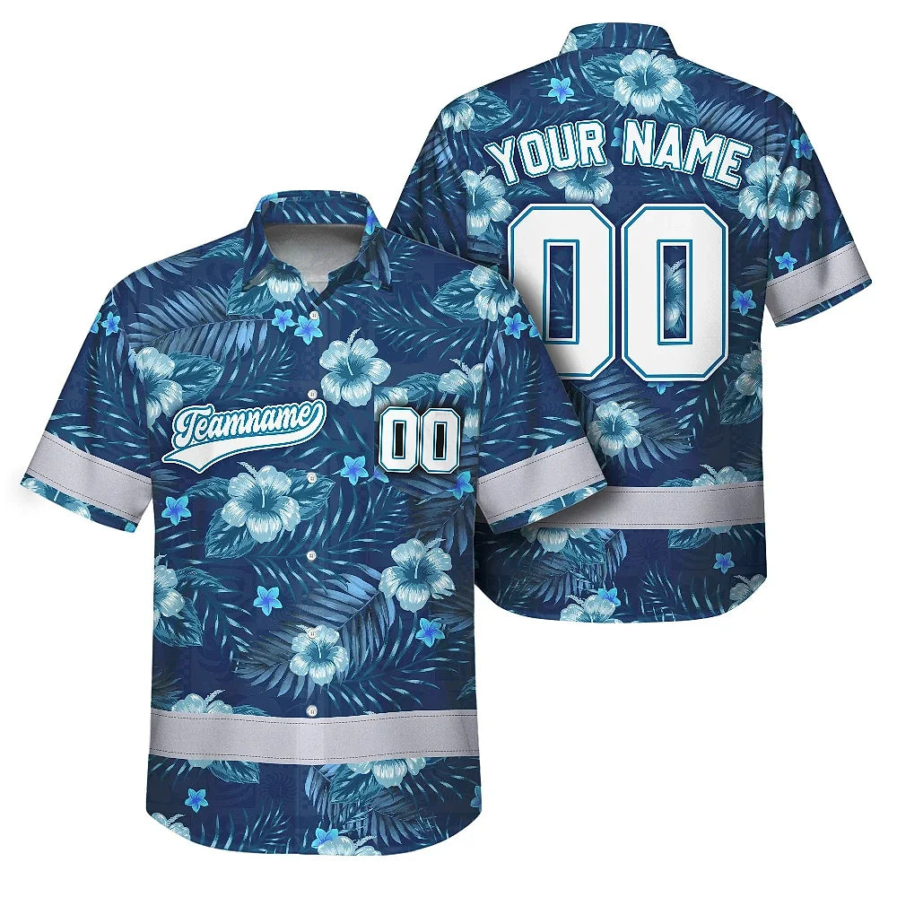 Hi Vis Team Hawaiian Shirt Reflective Tapes Blue Flower Custom Name And Number Safety Workwear For Baseball Team, Workers, Truckers, Operators