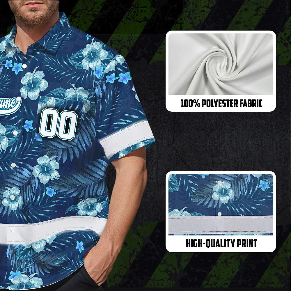 Hi Vis Team Hawaiian Shirt Reflective Tapes Blue Flower Custom Name And Number Safety Workwear For Baseball Team, Workers, Truckers, Operators