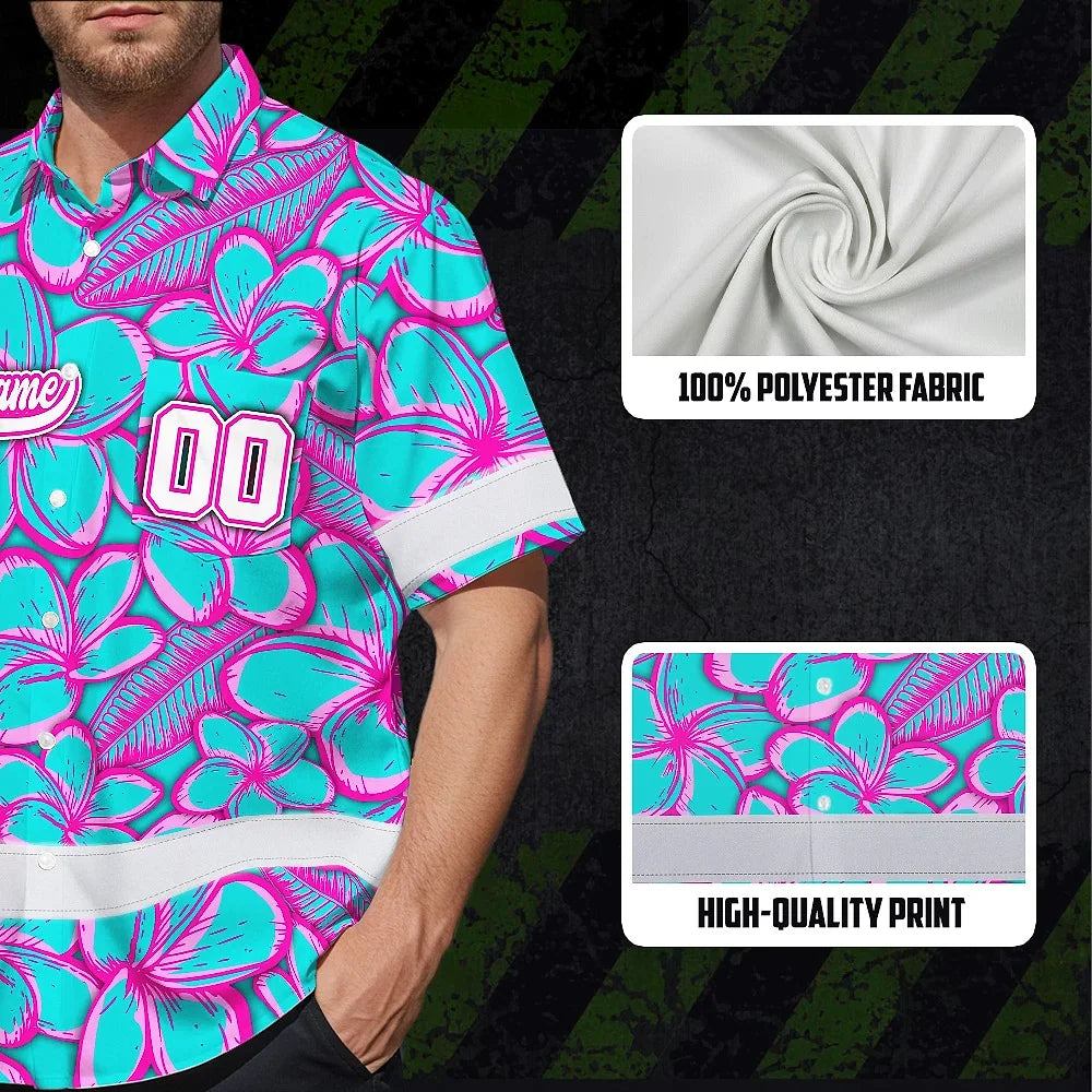 Hi Vis Team Hawaiian Shirt Reflective Tapes Blue Pink Flower 3 Custom Name And Number Safety Workwear For Baseball Team Workers, Truckers, Operators