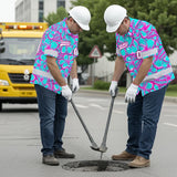 Hi Vis Team Hawaiian Shirt Reflective Tapes Blue Pink Flower 3 Custom Name And Number Safety Workwear For Baseball Team Workers, Truckers, Operators