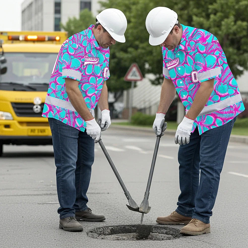 Hi Vis Team Hawaiian Shirt Reflective Tapes Blue Pink Flower 3 Custom Name And Number Safety Workwear For Baseball Team Workers, Truckers, Operators