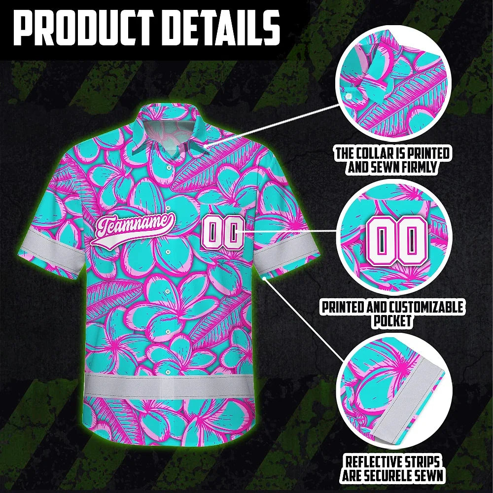 Hi Vis Team Hawaiian Shirt Reflective Tapes Blue Pink Flower 3 Custom Name And Number Safety Workwear For Baseball Team Workers, Truckers, Operators