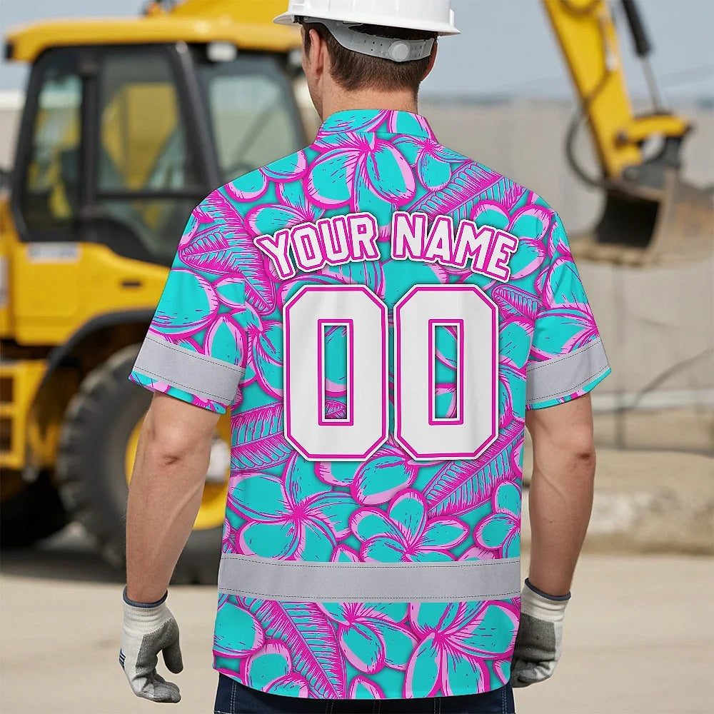 Hi Vis Team Hawaiian Shirt Reflective Tapes Blue Pink Flower 3 Custom Name And Number Safety Workwear For Baseball Team Workers, Truckers, Operators