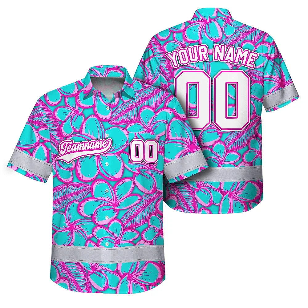 Hi Vis Team Hawaiian Shirt Reflective Tapes Blue Pink Flower 3 Custom Name And Number Safety Workwear For Baseball Team Workers, Truckers, Operators